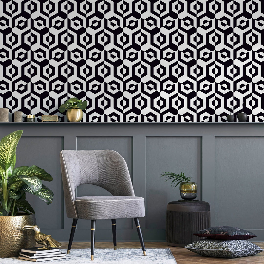 Geometric Wallpaper with a Hexagonal Optical Illusion in Black and White - A899