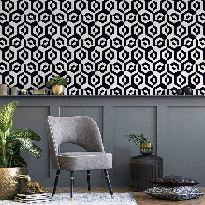 Geometric Wallpaper with a Hexagonal Optical Illusion in Black and White - A899