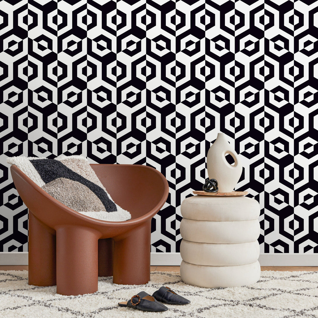 Geometric Wallpaper with a Hexagonal Optical Illusion in Black and White - A899