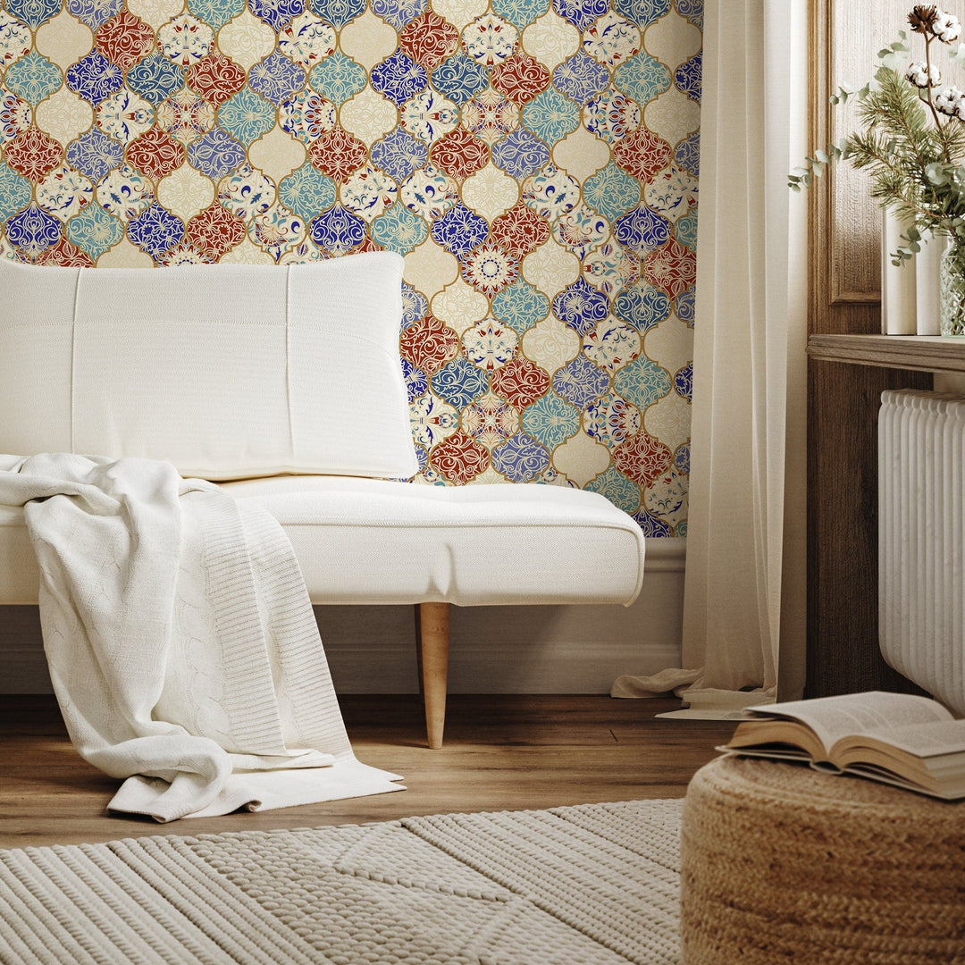 Tile Wallpaper with a Marrakech Motif in Blue, Red, and Gold - A139
