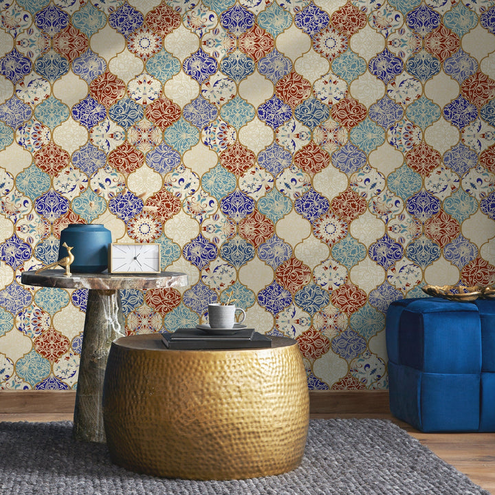 Tile Wallpaper with a Marrakech Motif in Blue, Red, and Gold - A139