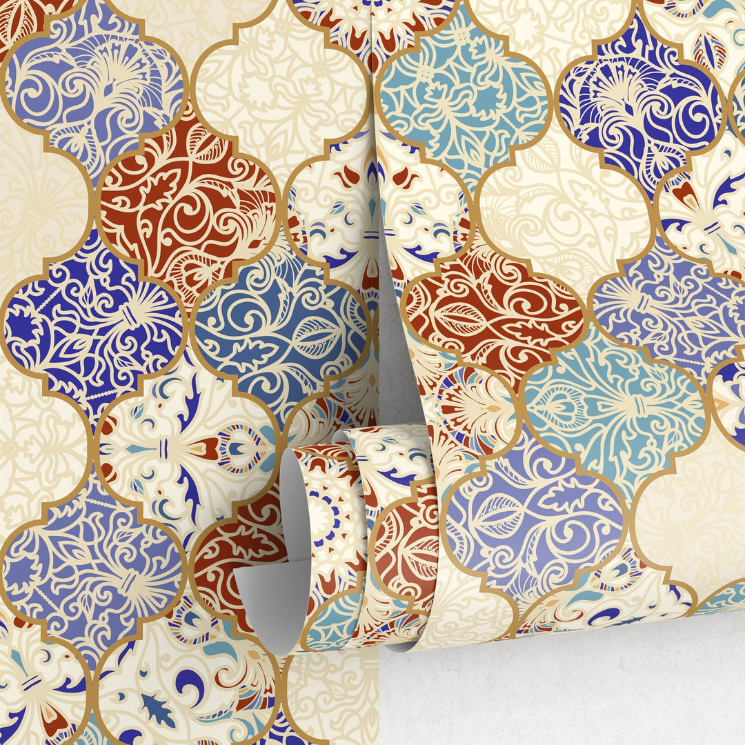 Tile Wallpaper with a Marrakech Motif in Blue, Red, and Gold - A139