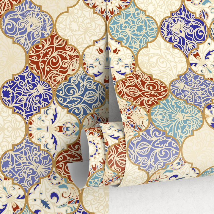 Tile Wallpaper with a Marrakech Motif in Blue, Red, and Gold - A139
