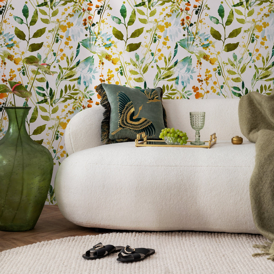 Botanical Wallpaper featuring Watercolor Leaves in Green, Yellow, and Orange - A198