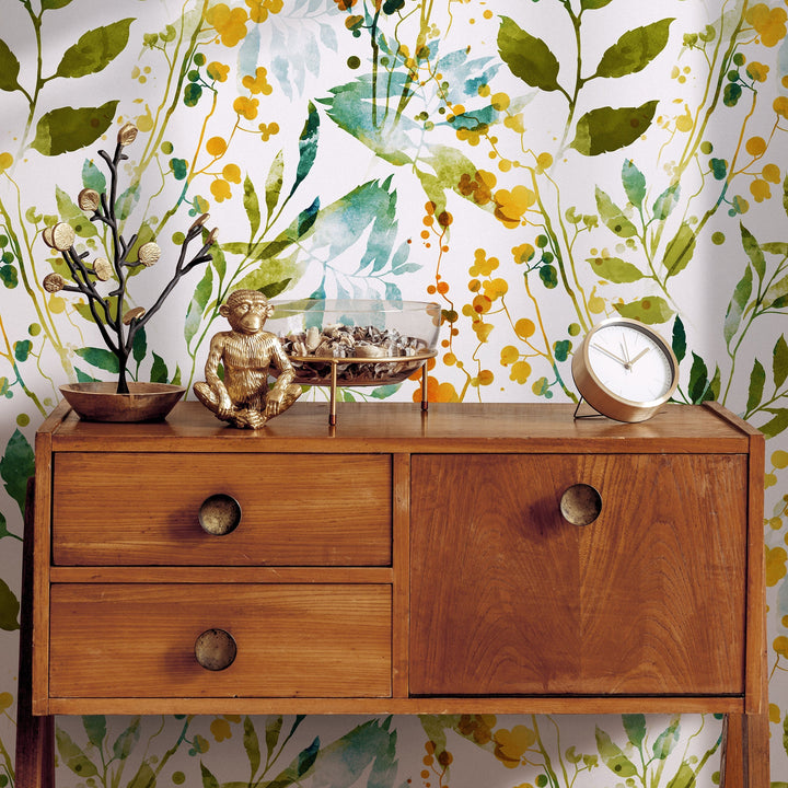 Botanical Wallpaper featuring Watercolor Leaves in Green, Yellow, and Orange - A198
