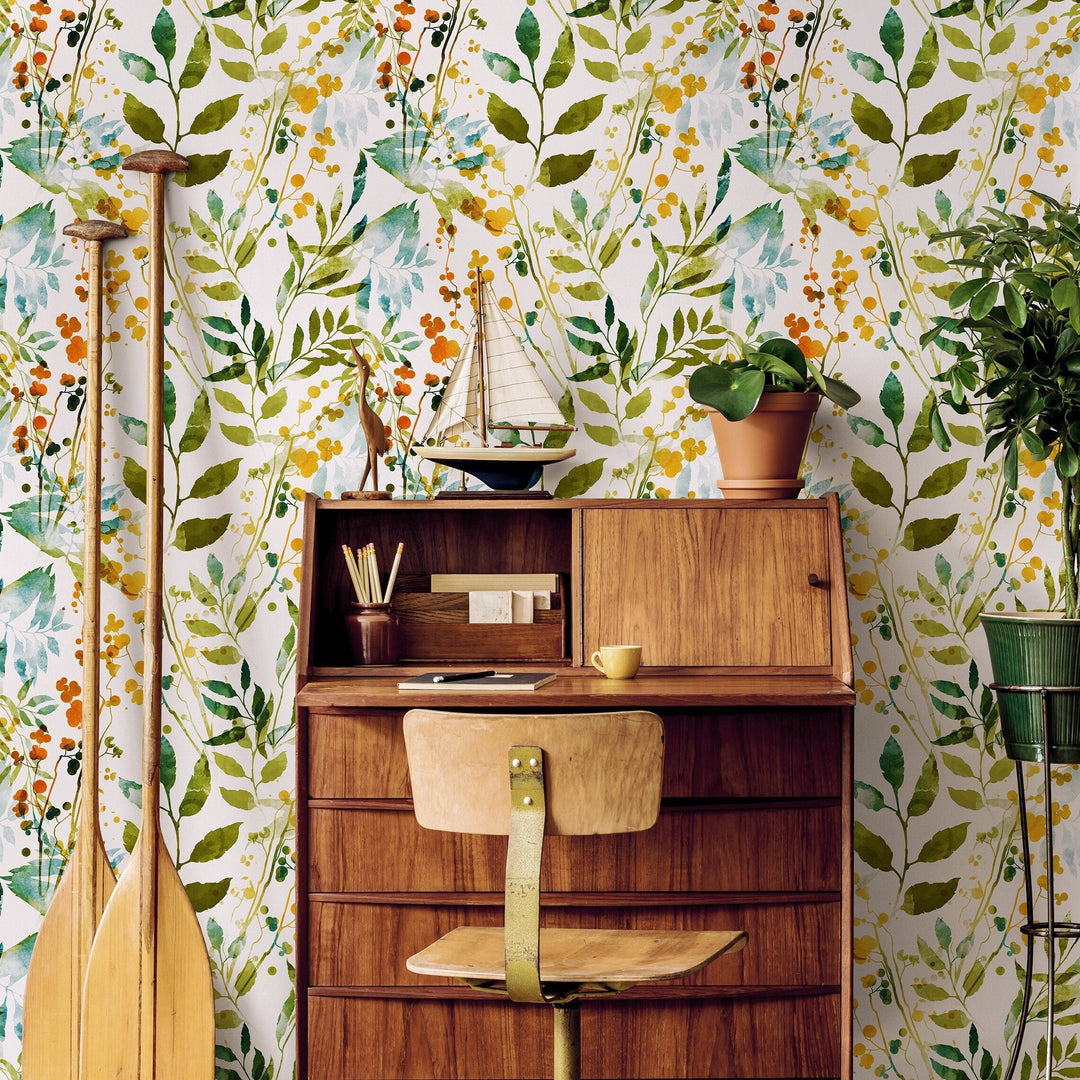 Botanical Wallpaper featuring Watercolor Leaves in Green, Yellow, and Orange - A198