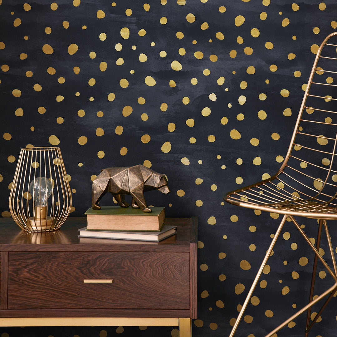 Abstract Wallpaper with a Scattered Dots Motif in Black and Gold - A142
