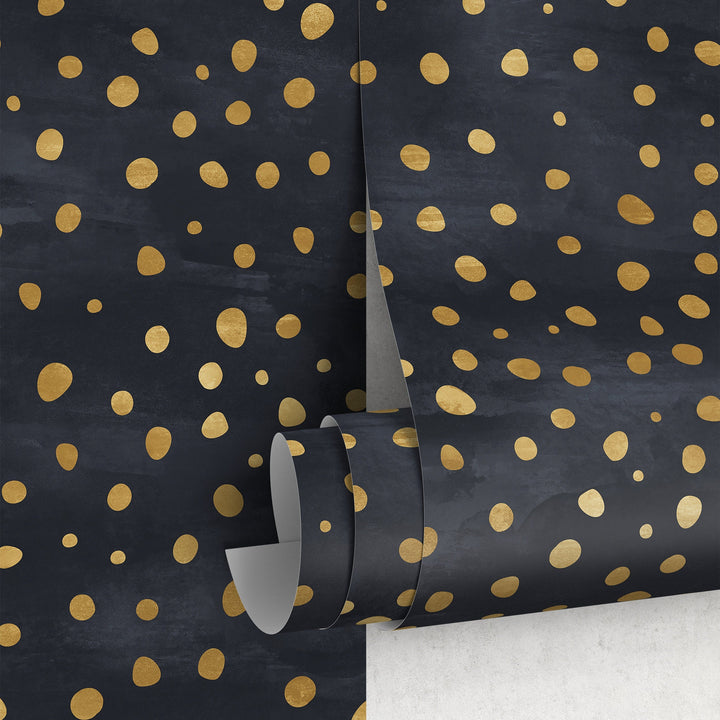 Abstract Wallpaper with a Scattered Dots Motif in Black and Gold - A142