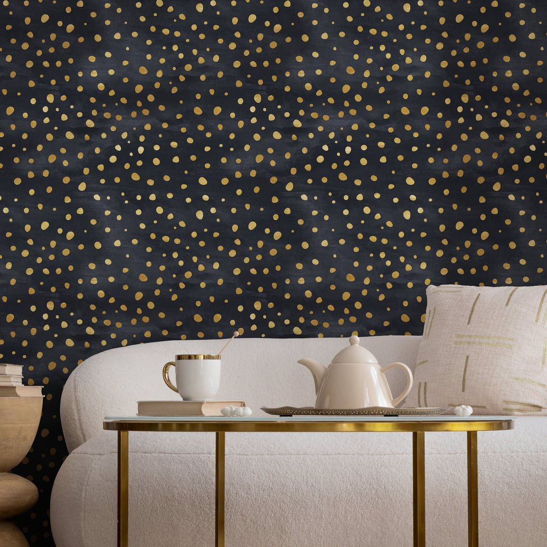 Abstract Wallpaper with a Scattered Dots Motif in Black and Gold - A142