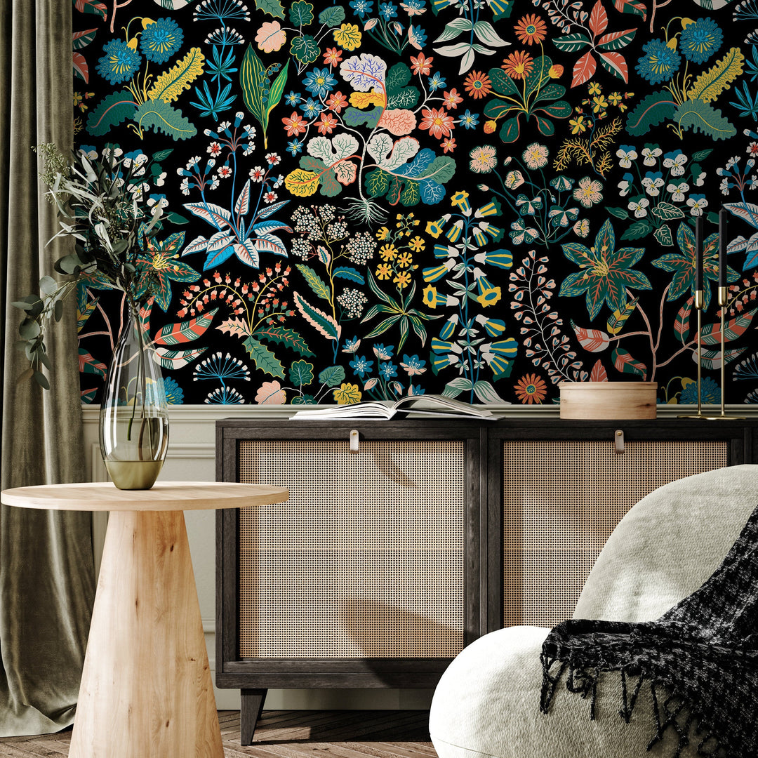 Botanical Wallpaper Featuring a Folk Art Floral Motif in Yellow, Blue, and Green - A936