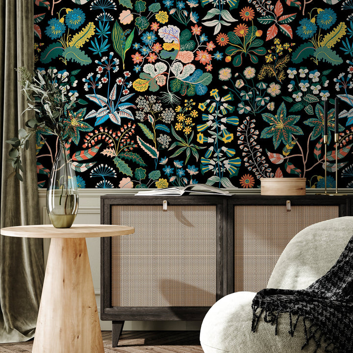 Botanical Wallpaper Featuring a Folk Art Floral Motif in Yellow, Blue, and Green - A936