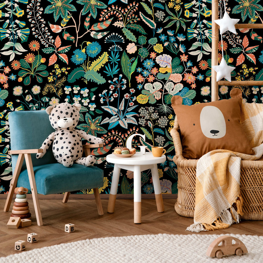 Botanical Wallpaper Featuring a Folk Art Floral Motif in Yellow, Blue, and Green - A936