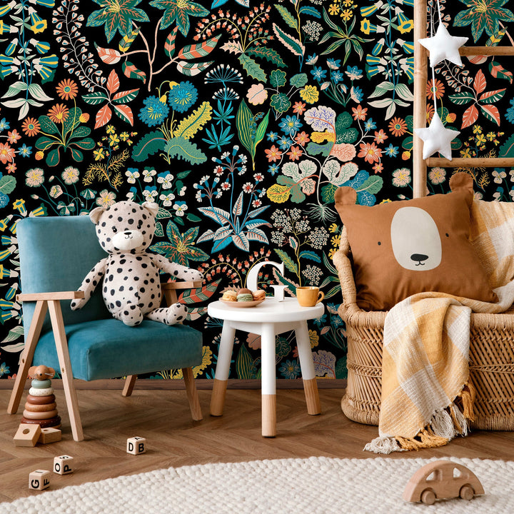 Botanical Wallpaper Featuring a Folk Art Floral Motif in Yellow, Blue, and Green - A936