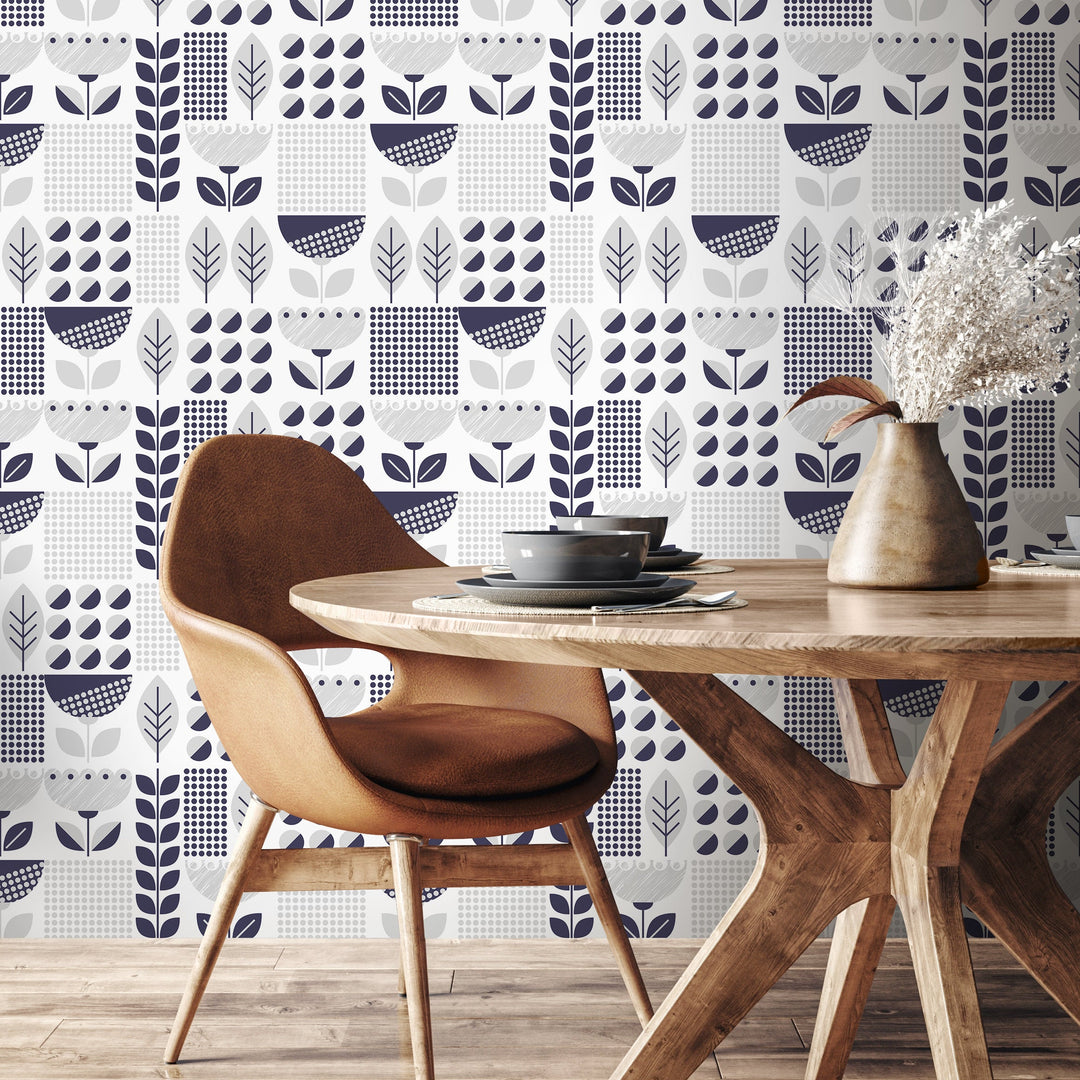 Geometric Wallpaper with Scandinavian Botanical Motifs in Navy Blue and Gray - A721