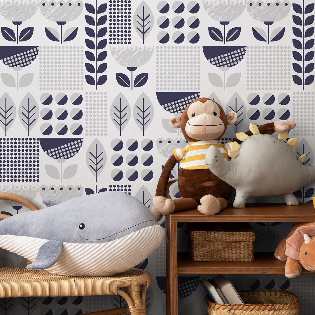 Geometric Wallpaper with Scandinavian Botanical Motifs in Navy Blue and Gray - A721