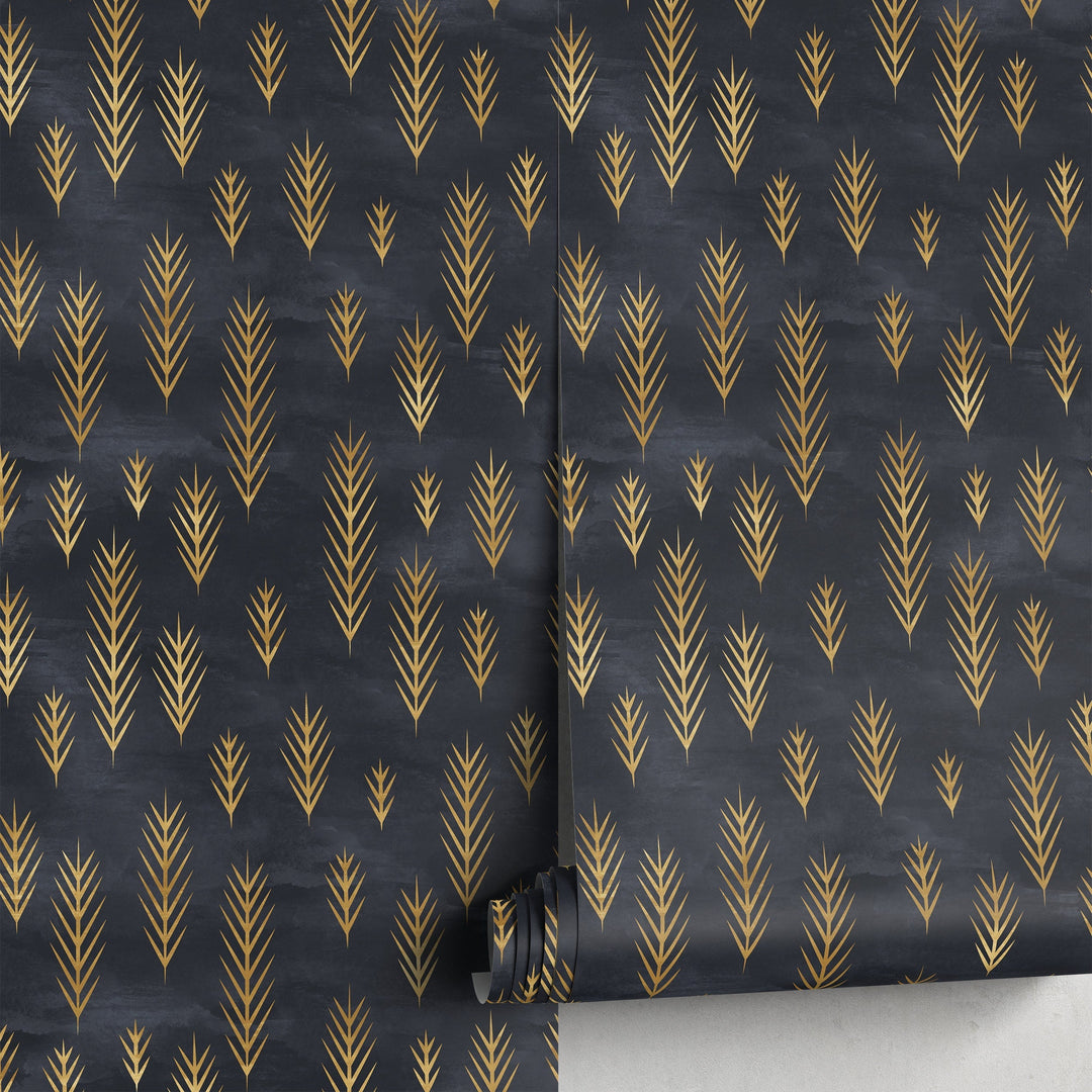 Art Deco Wallpaper with Stylized Golden Fronds in Black and Gold - A739