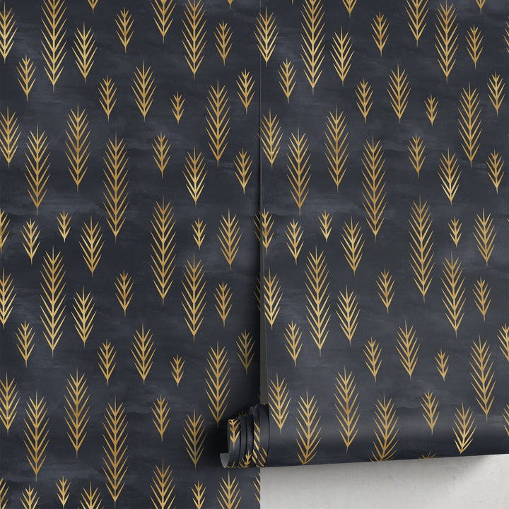 Art Deco Wallpaper with Stylized Golden Fronds in Black and Gold - A739