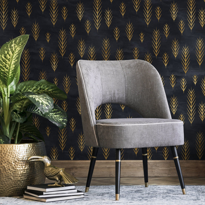 Art Deco Wallpaper with Stylized Golden Fronds in Black and Gold - A739