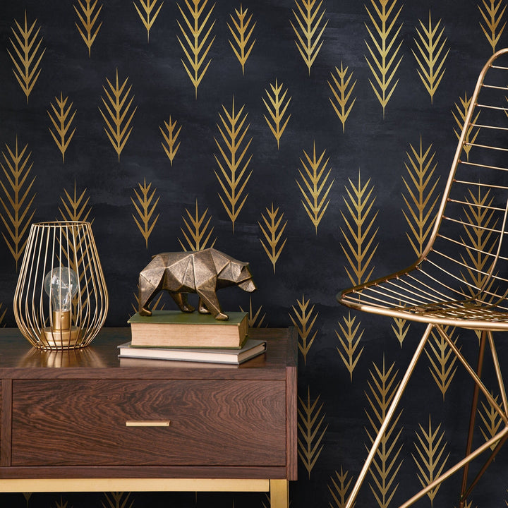 Art Deco Wallpaper with Stylized Golden Fronds in Black and Gold - A739