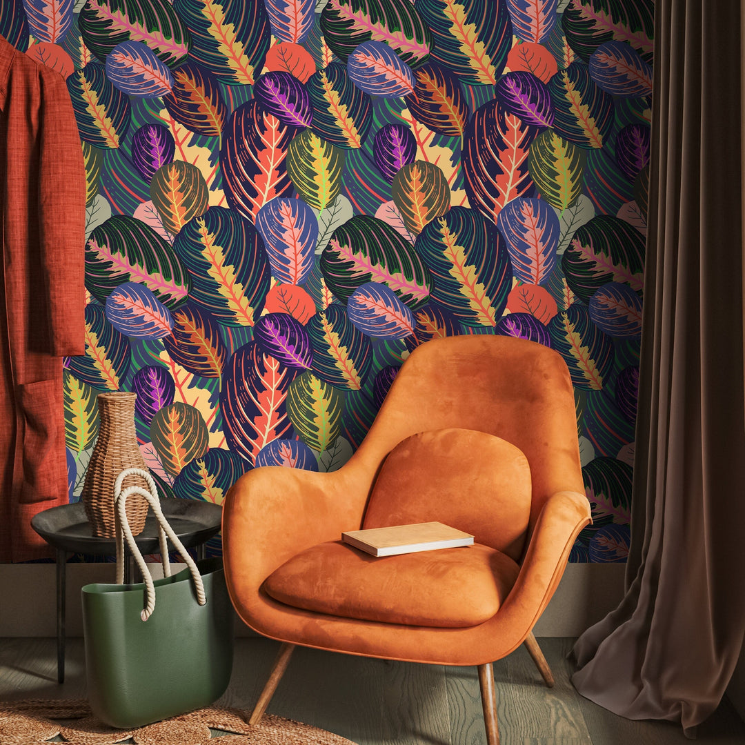 Botanical Wallpaper Featuring Stylized Tropical Leaves in Blue, Orange, and Purple - A796