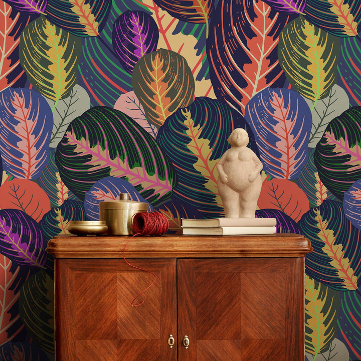 Botanical Wallpaper Featuring Stylized Tropical Leaves in Blue, Orange, and Purple - A796