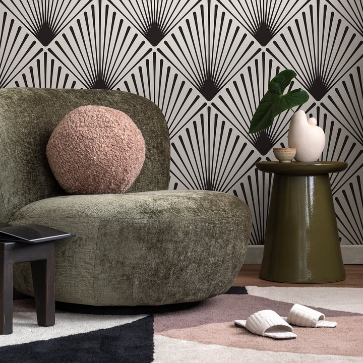 Art Deco Wallpaper with a Radiating Fan Motif in Black and Gray - B078