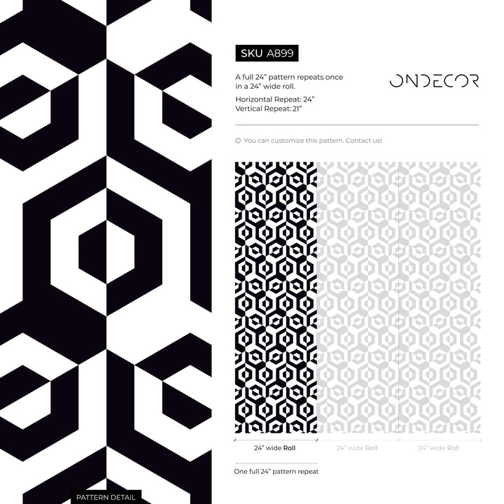 Geometric Wallpaper with a Hexagonal Optical Illusion in Black and White - A899