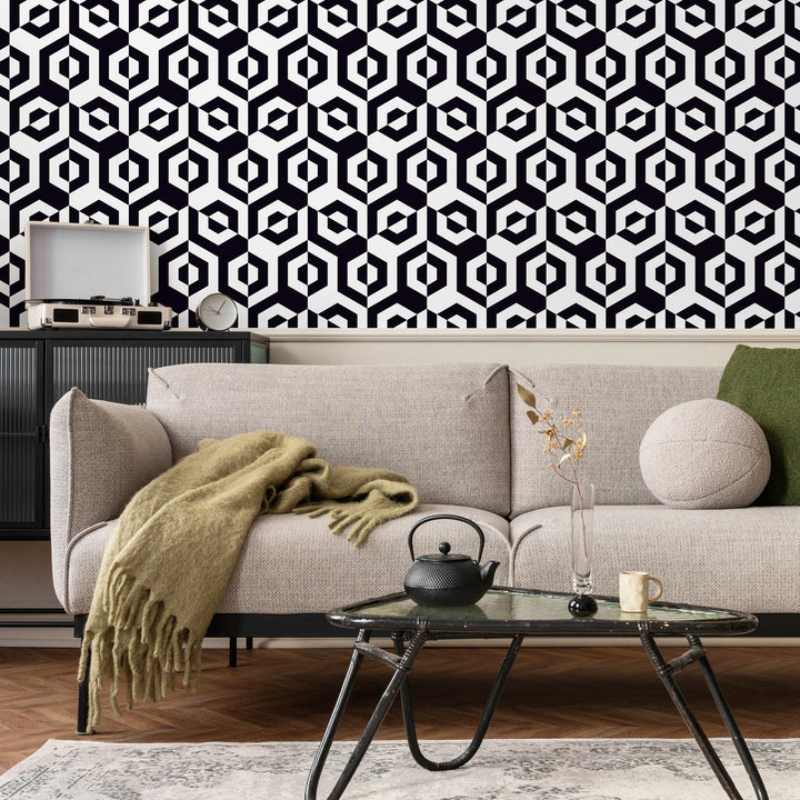 Geometric Wallpaper with a Hexagonal Optical Illusion in Black and White - A899