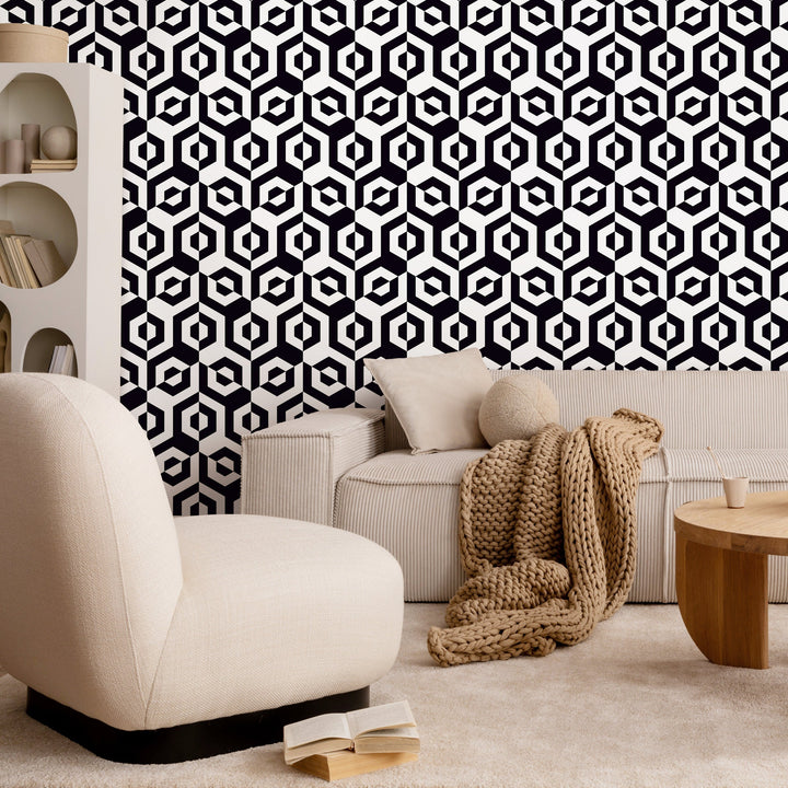 Geometric Wallpaper with a Hexagonal Optical Illusion in Black and White - A899