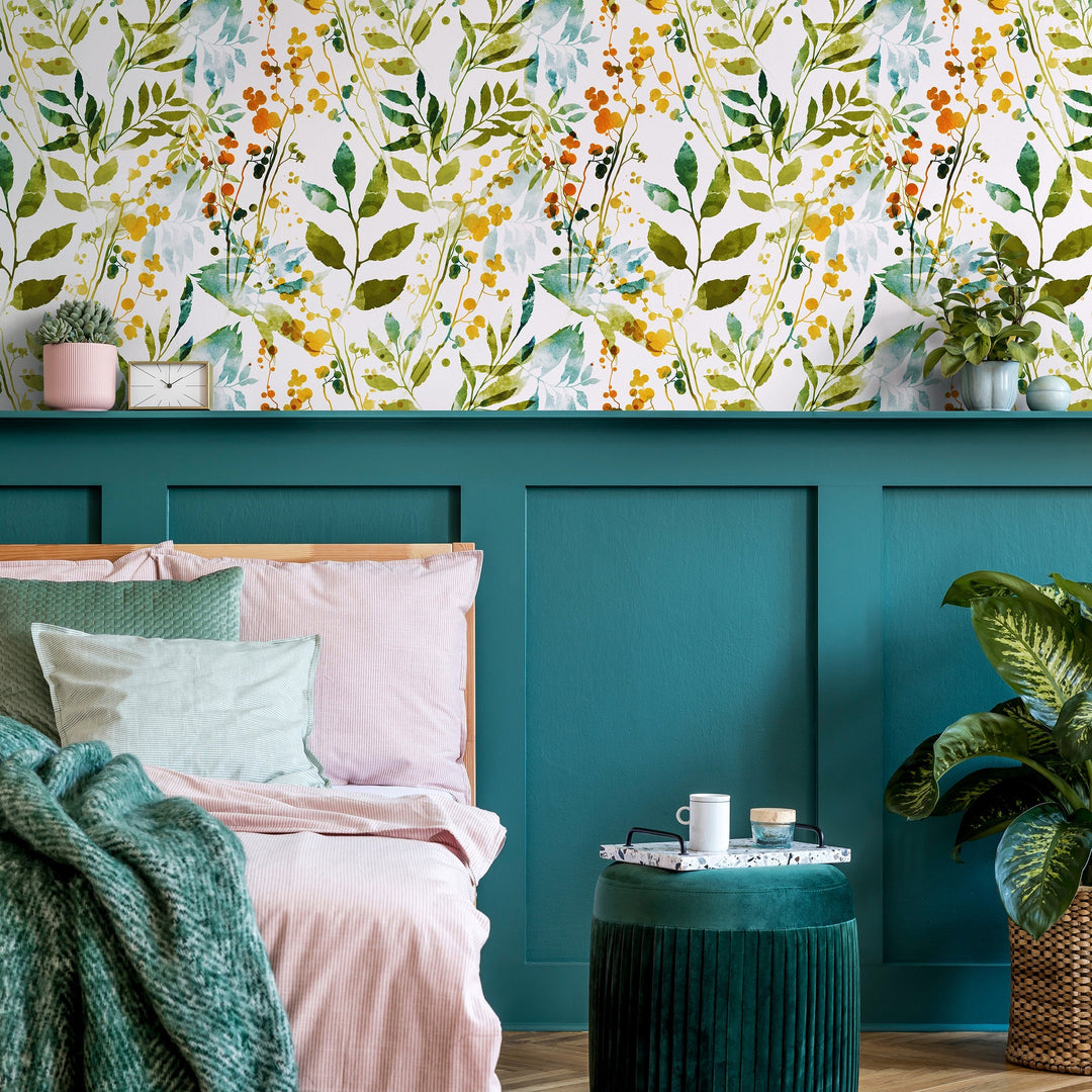 Botanical Wallpaper featuring Watercolor Leaves in Green, Yellow, and Orange - A198