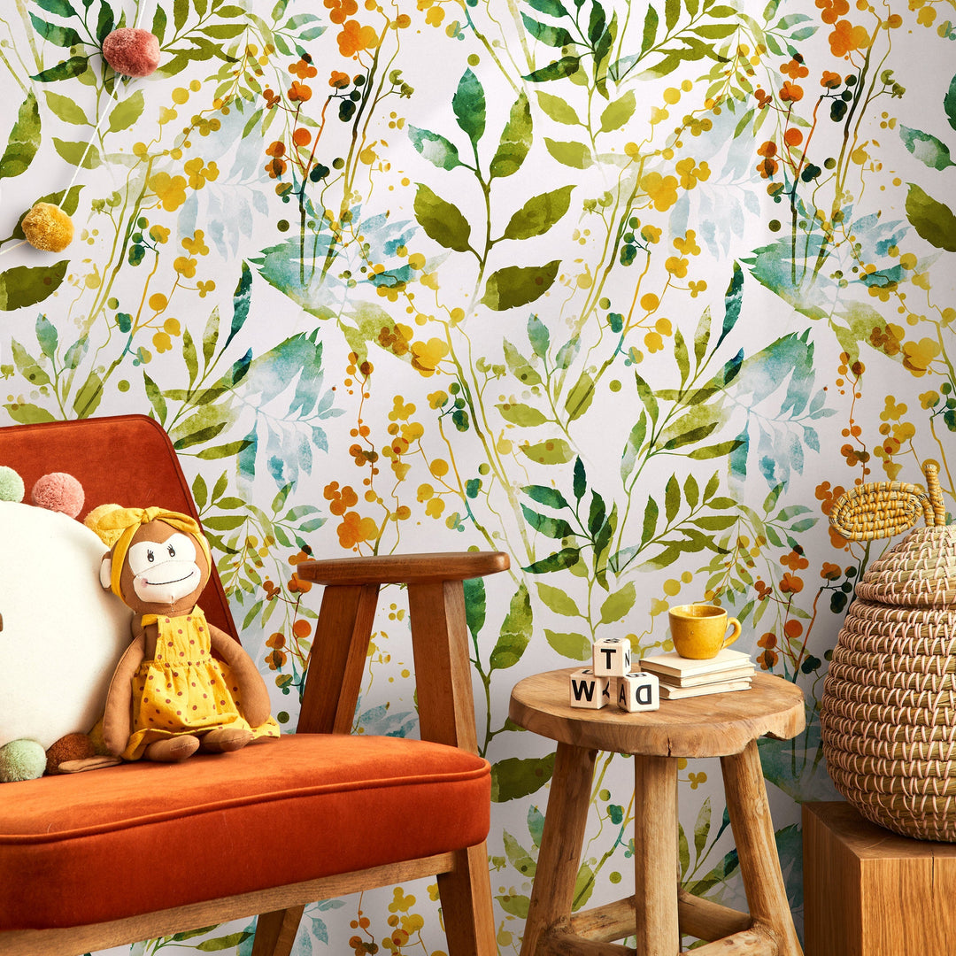 Botanical Wallpaper featuring Watercolor Leaves in Green, Yellow, and Orange - A198