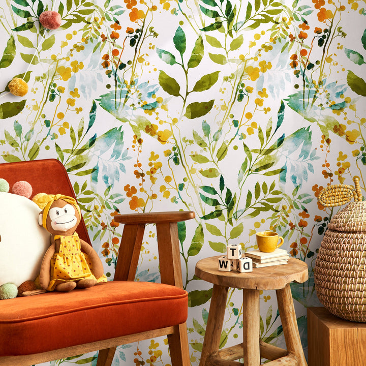 Botanical Wallpaper featuring Watercolor Leaves in Green, Yellow, and Orange - A198