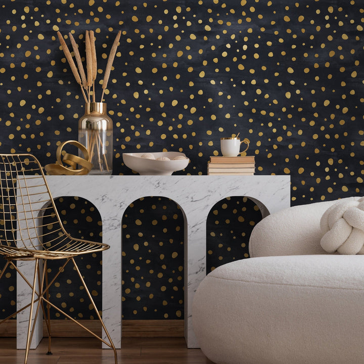 Abstract Wallpaper with a Scattered Dots Motif in Black and Gold - A142