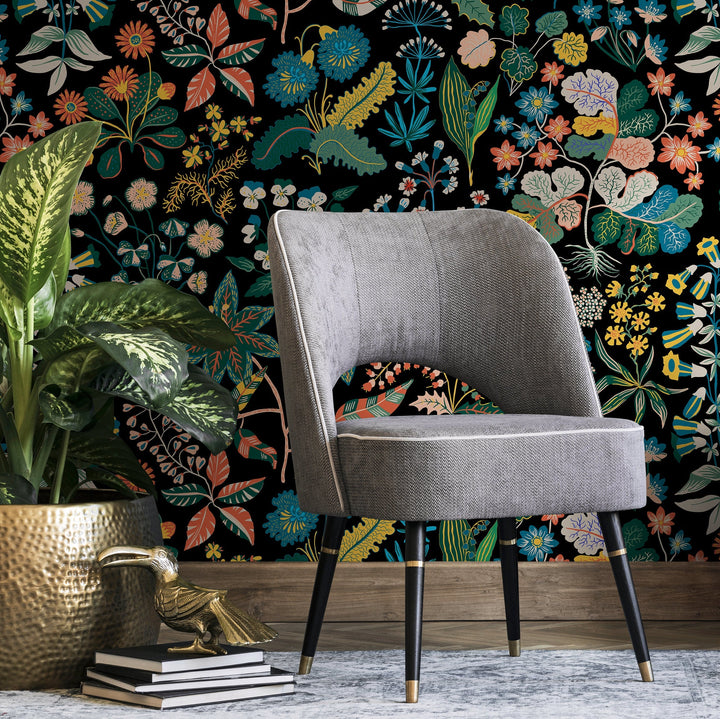 Botanical Wallpaper Featuring a Folk Art Floral Motif in Yellow, Blue, and Green - A936