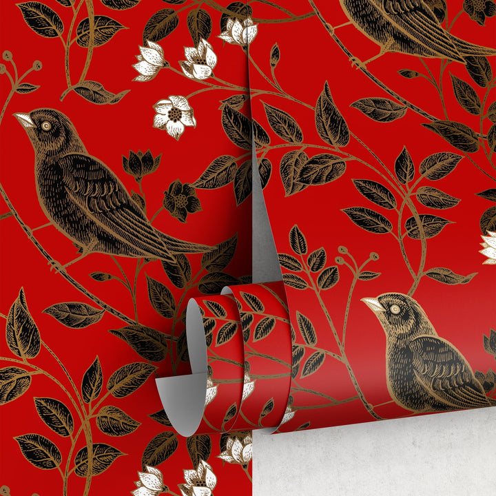Bird Wallpaper with Floral Branches in Red, Black, and Gold - A924