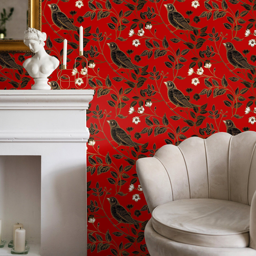 Bird Wallpaper with Floral Branches in Red, Black, and Gold - A924