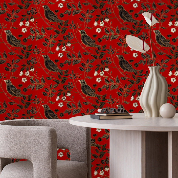 Bird Wallpaper with Floral Branches in Red, Black, and Gold - A924