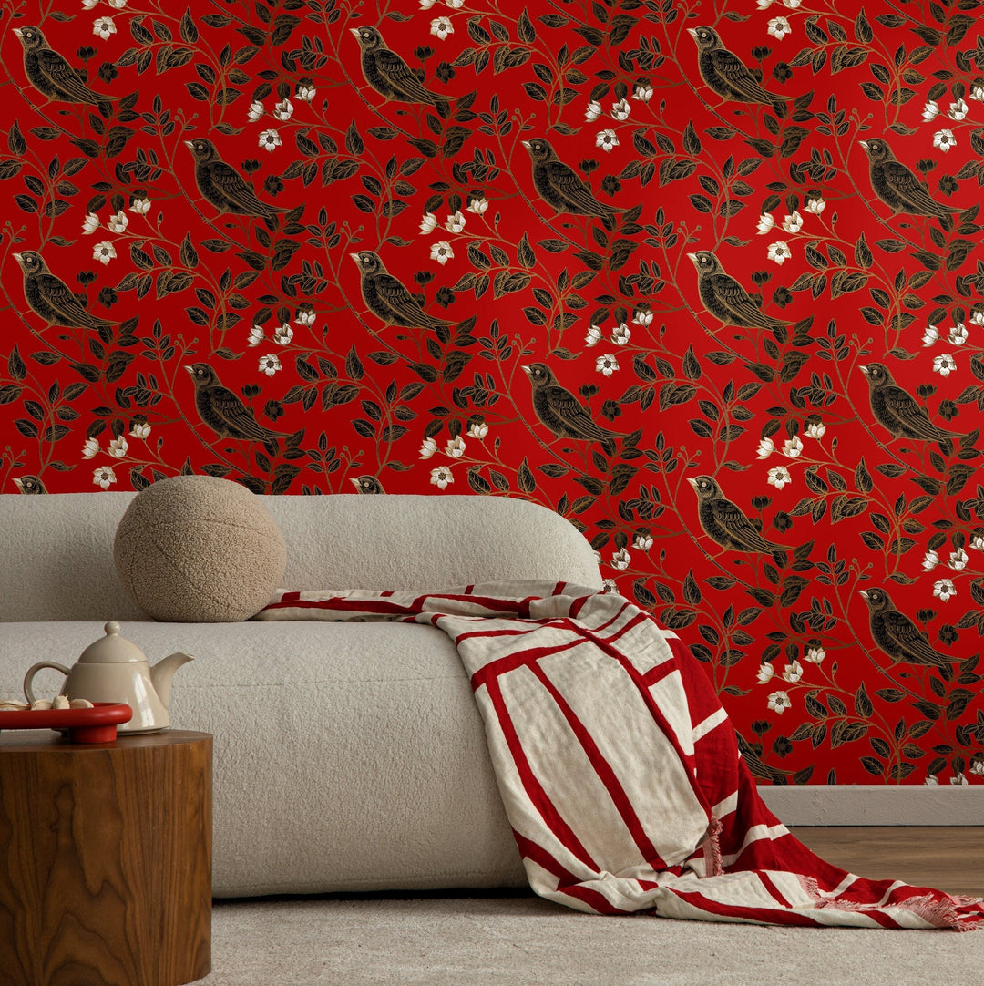 Bird Wallpaper with Floral Branches in Red, Black, and Gold - A924