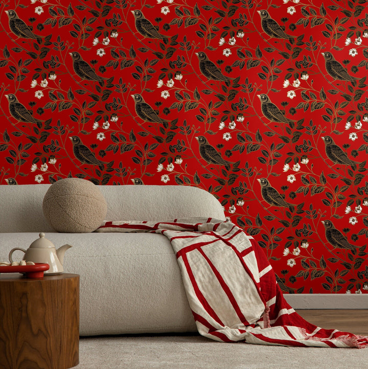 Bird Wallpaper with Floral Branches in Red, Black, and Gold - A924