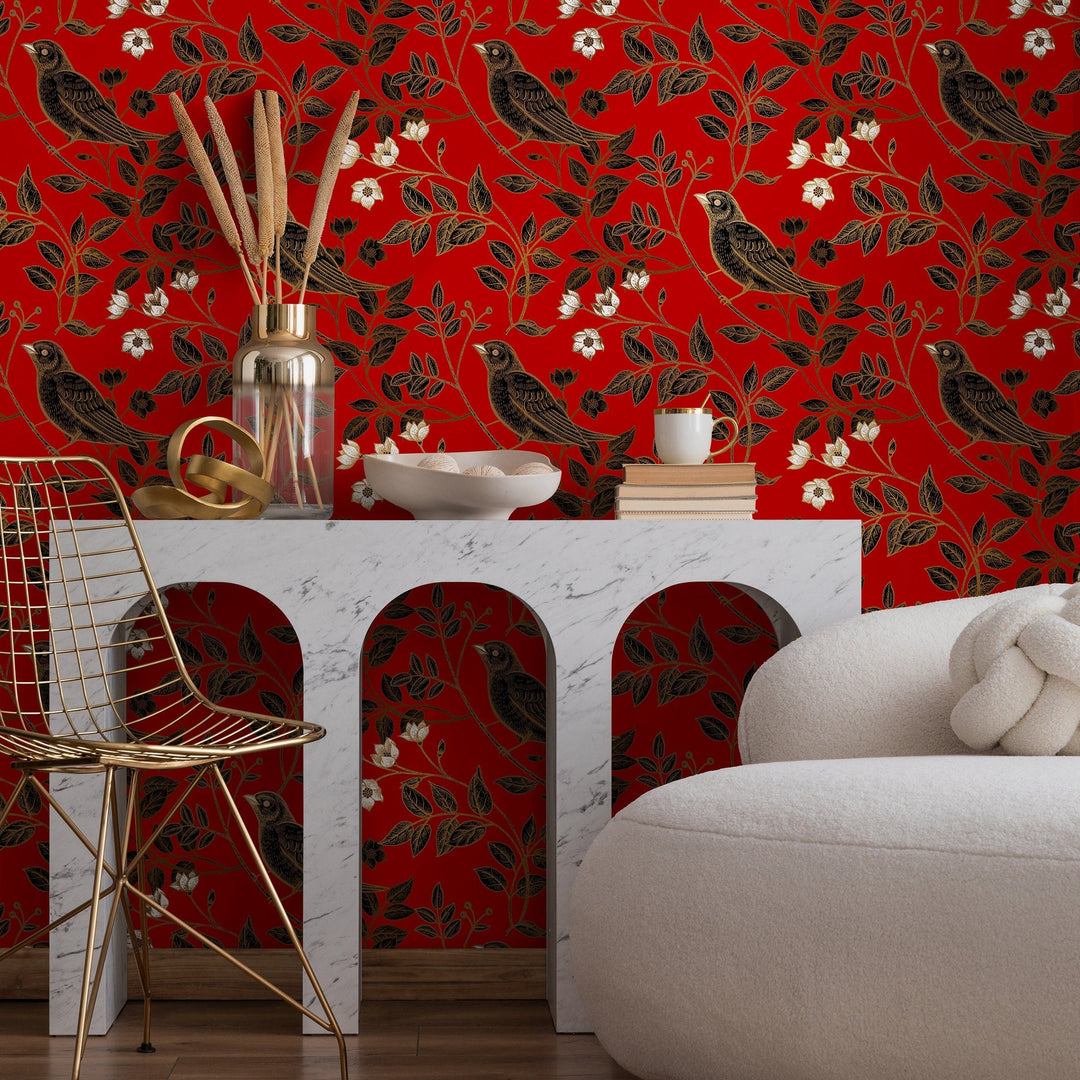Bird Wallpaper with Floral Branches in Red, Black, and Gold - A924
