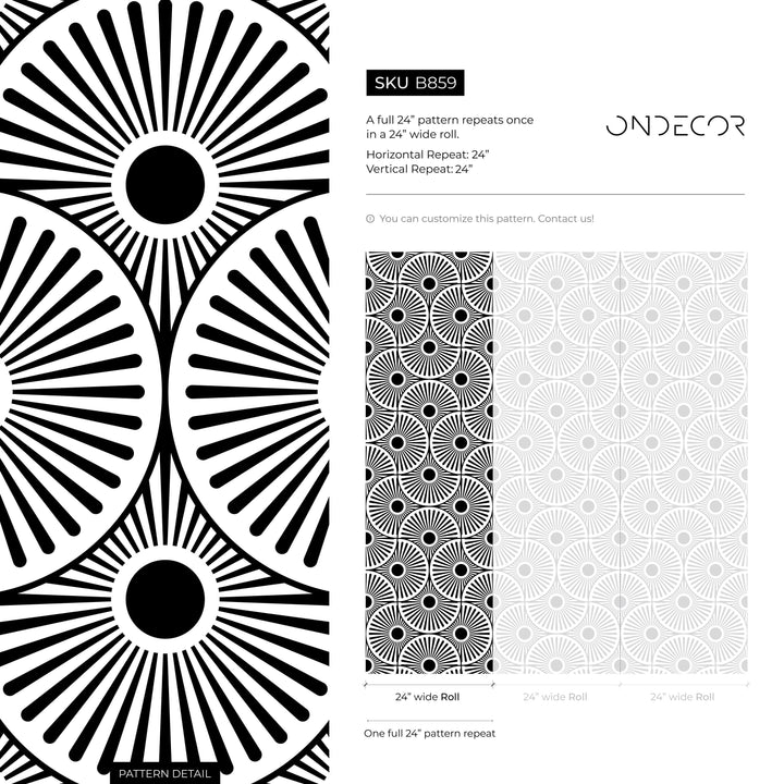 Art Deco Wallpaper Featuring a Bold Sunburst Motif in Black and White - B859