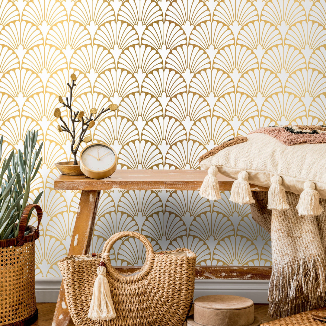 Art Deco Wallpaper with a Geometric Fan Pattern in Gold and White - A931