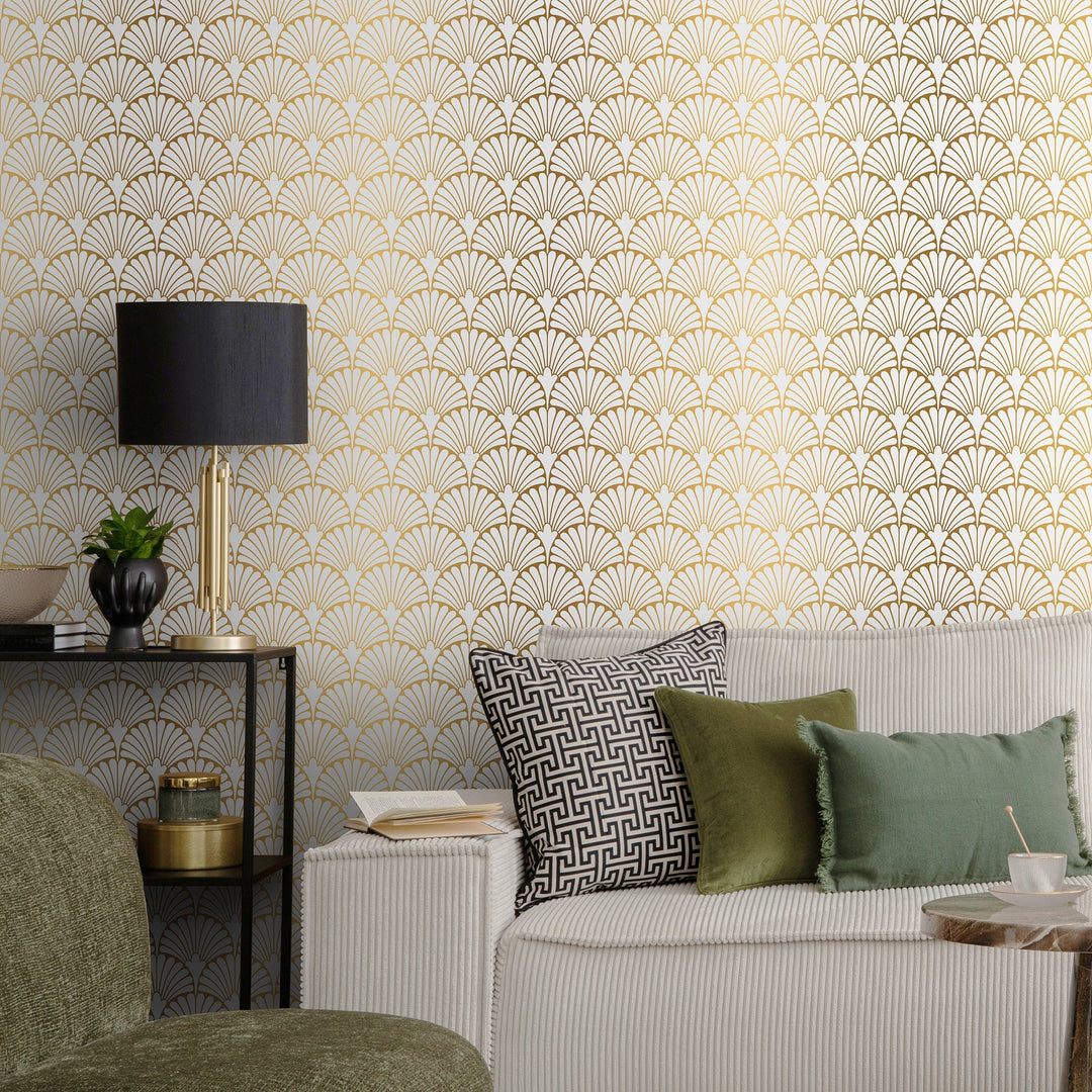 Art Deco Wallpaper with a Geometric Fan Pattern in Gold and White - A931