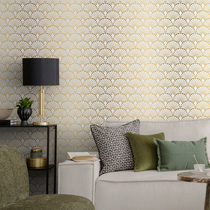 Art Deco Wallpaper with a Geometric Fan Pattern in Gold and White - A931