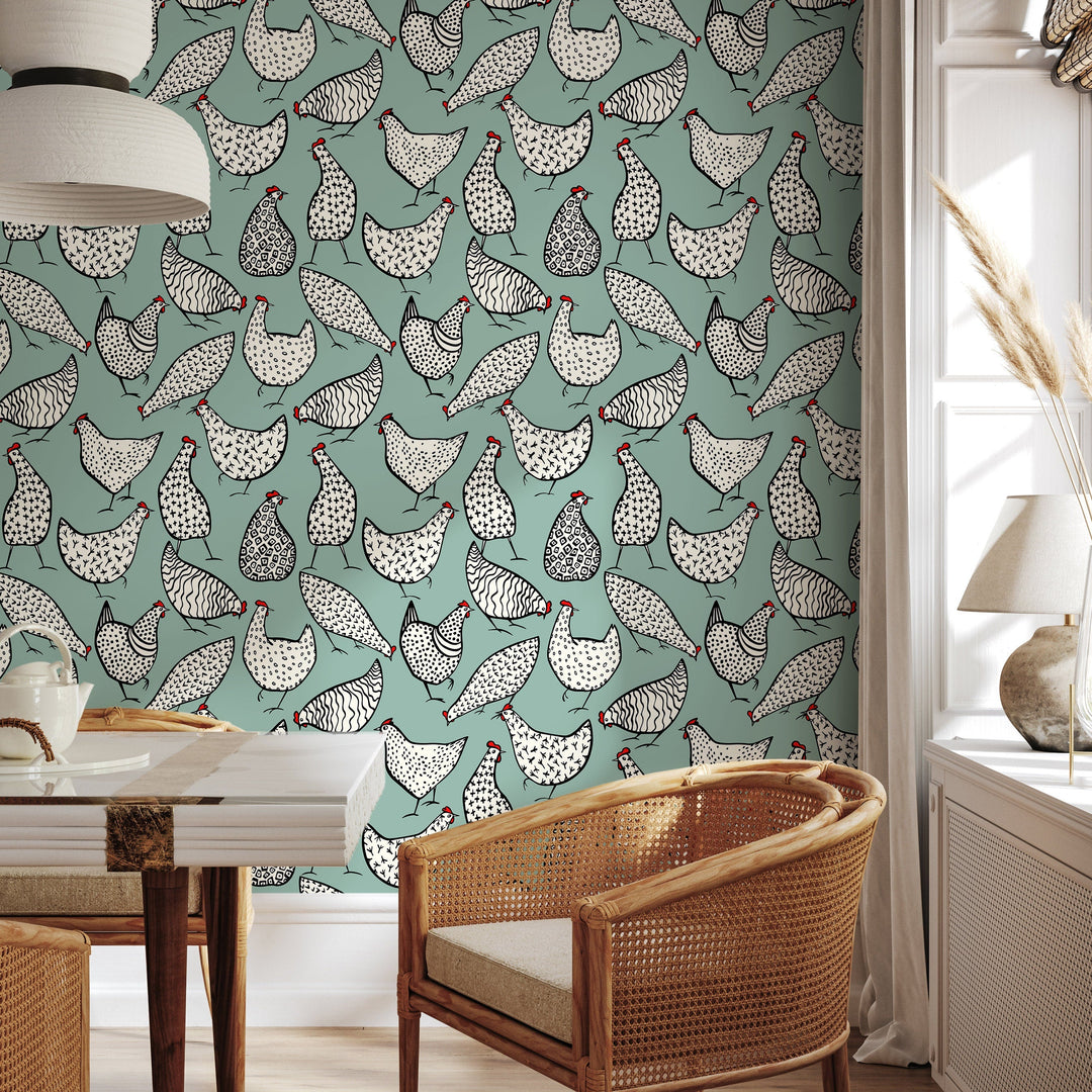 Animal Wallpaper Featuring Stylized Chickens in Sage Green, Black, and Red - B330