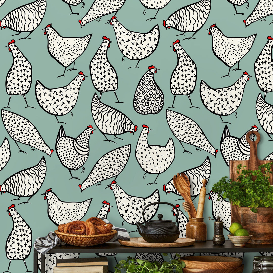 Animal Wallpaper Featuring Stylized Chickens in Sage Green, Black, and Red - B330