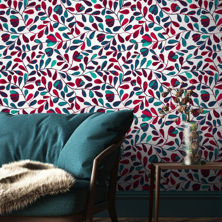 Botanical Wallpaper with Stylized Vines in Red, Teal, and Navy Blue - B430