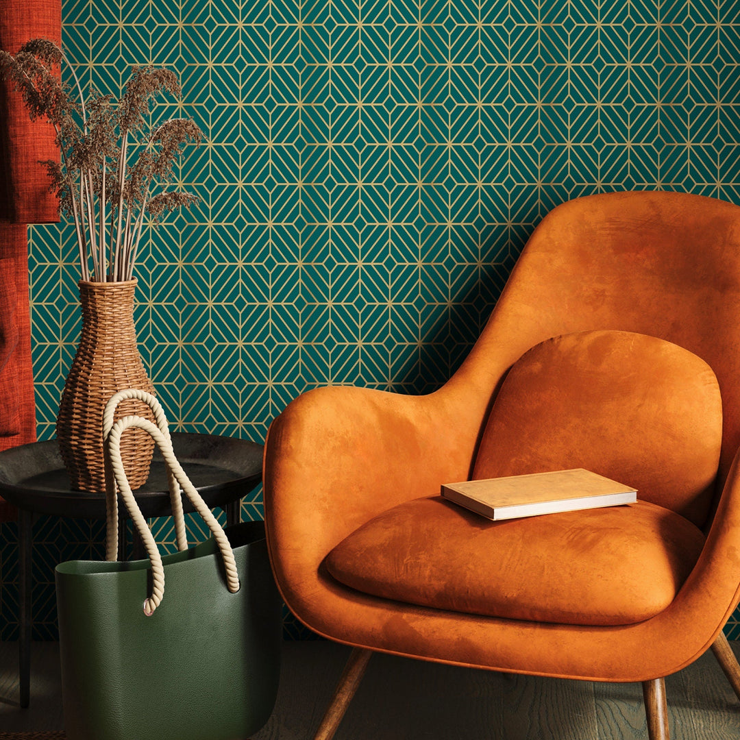 Art Deco Wallpaper with Bold Geometric Lines in Green and Yellow - B496