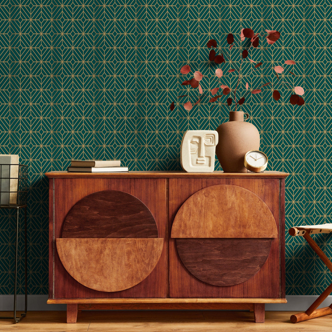 Art Deco Wallpaper with Bold Geometric Lines in Green and Yellow - B496