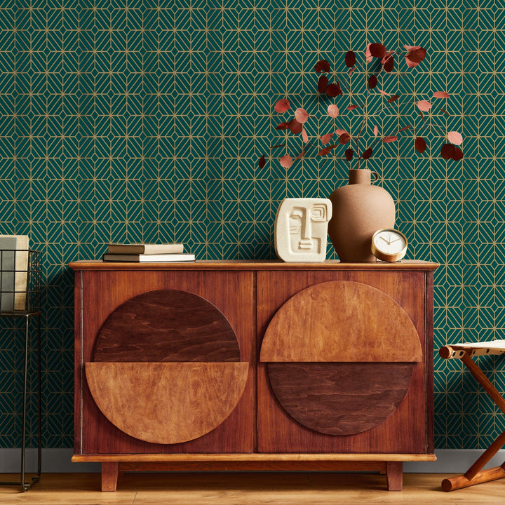 Art Deco Wallpaper with Bold Geometric Lines in Green and Yellow - B496